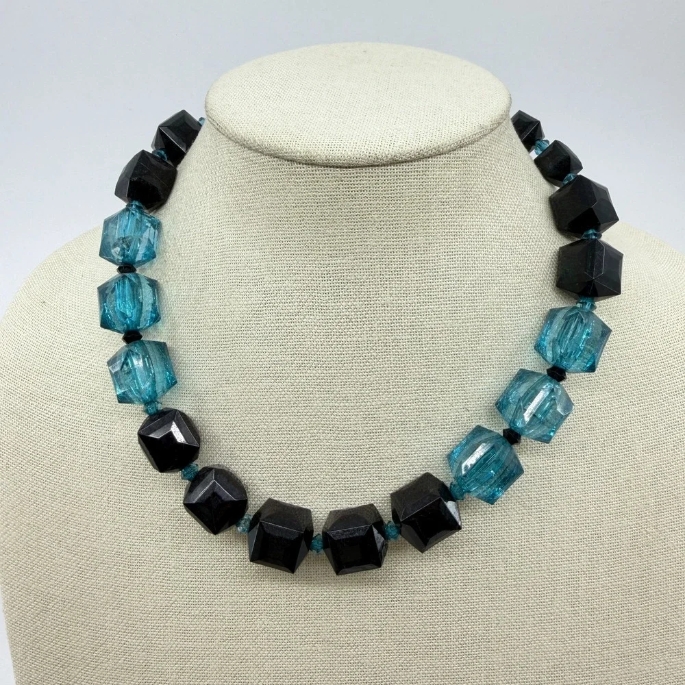Black Aqua Blue Faceted Cube Bead Necklace Chunky Geometric Statement Jewelry
